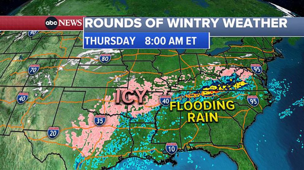 PHOTO: A weather map shows the forecast on Feb. 23, 2022, for wintery weather from Texas to West Virginia, expected on Thursday morning. 