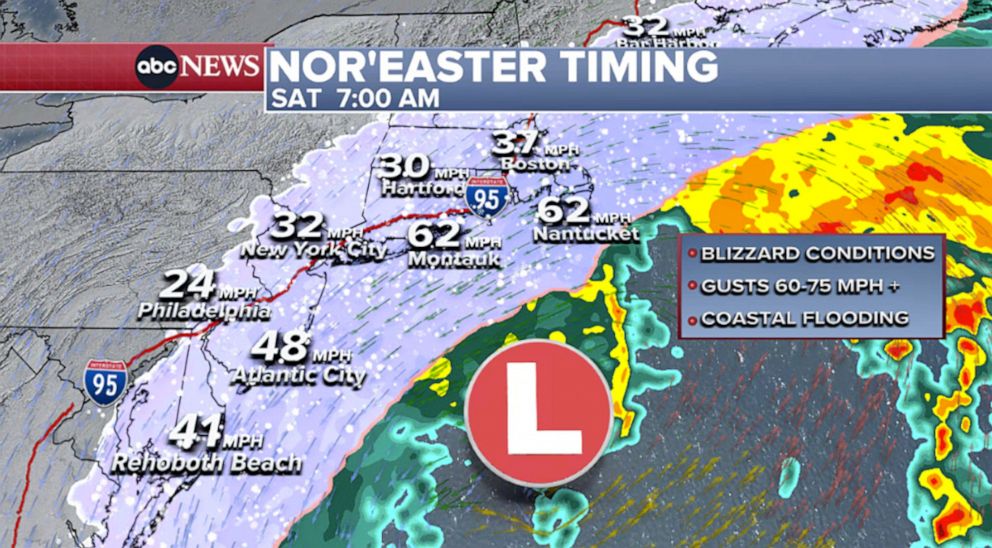PHOTO: A Jan. 28, 2022 weather map shows the forecast for the timing of a Nor'Easter along the East Coast for 7am on Saturday.