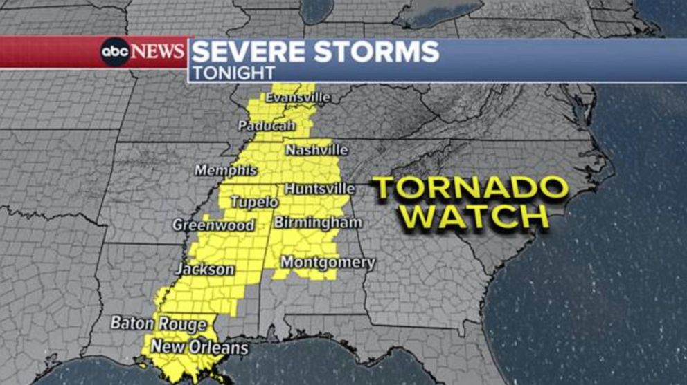 PHOTO: A weather map shows the forecast for severe storms and possible tornados for Thursday night, March 31, 2022, from New Orleans, north to Indiana.