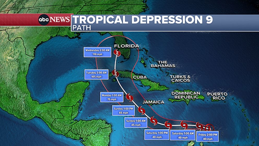 PHOTO: A weather map shows the path of a tropical depression heading north toward Florida, Sept. 23, 2022.