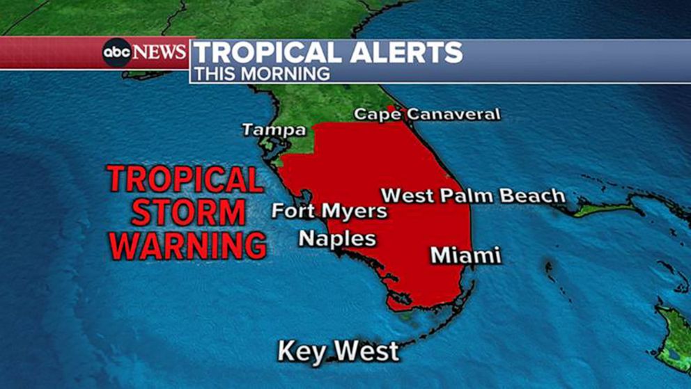 PHOTO: A weather map shows the area under a tropical storm warning in southern Florida, June 3, 2022.