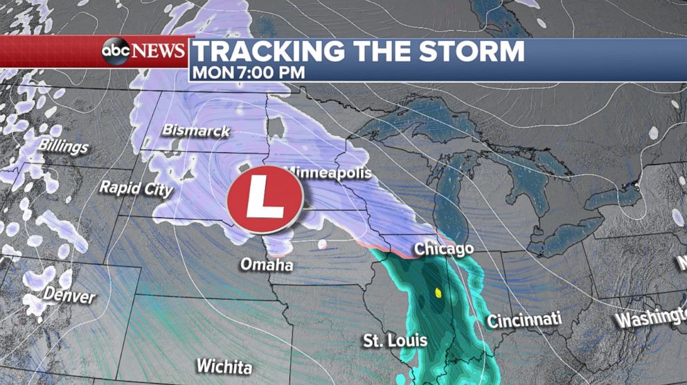 PHOTO: A storm system is over the Plains and Upper Midwest tonight with snow and gusty winds stretching from Bismarck to Minneapolis to Chicago with 6 to 12 inches of snow possible.