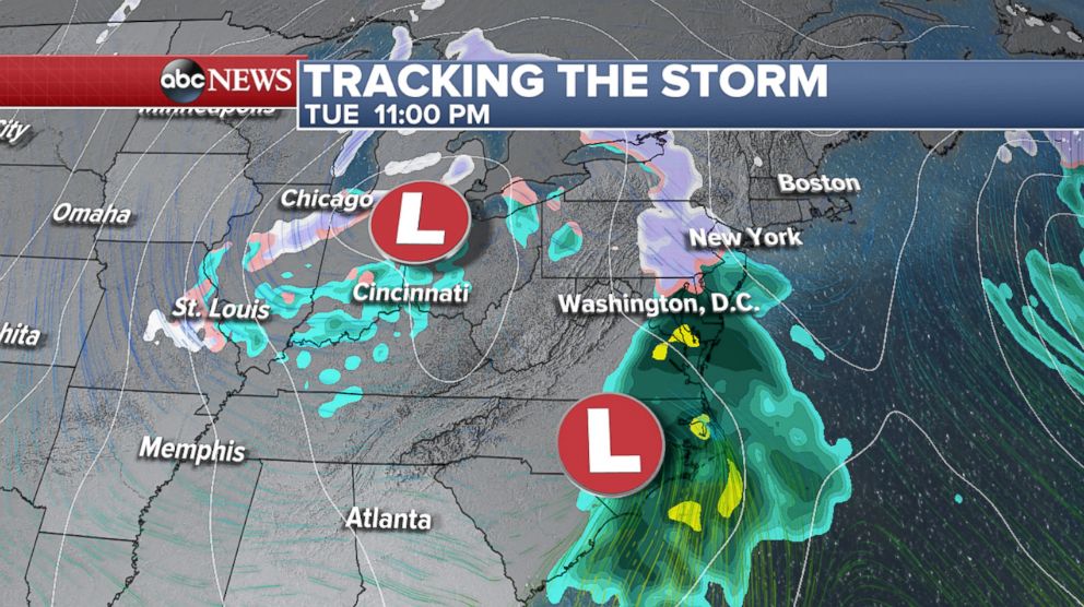 PHOTO: On Tuesday, the storm will weaken as it moves across the Great Lakes while a coastal low forms off the Mid-Atlantic before the systems come together on Wednesday.