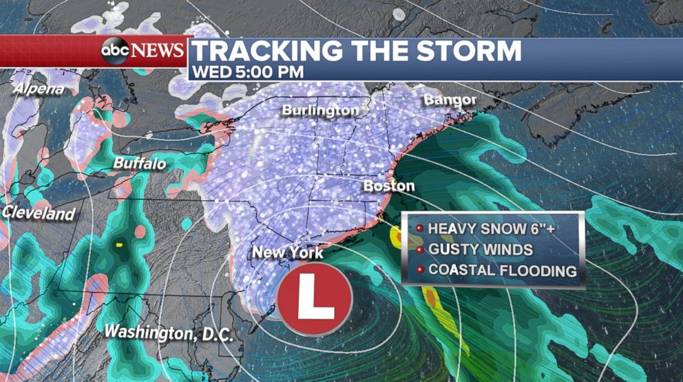 PHOTO: Wednesday the storm from the Midwest and the coastal low will come together to form a nor'easter that will impact the Northeast region from Philadelphia to NYC to Boston.