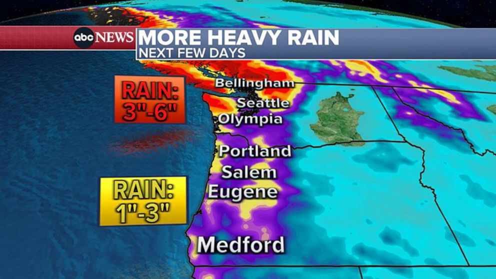 PHOTO: A weather map shows the forecast for heavy rain over the next few days in the Pacific Northwest, Nov. 30, 2021. 