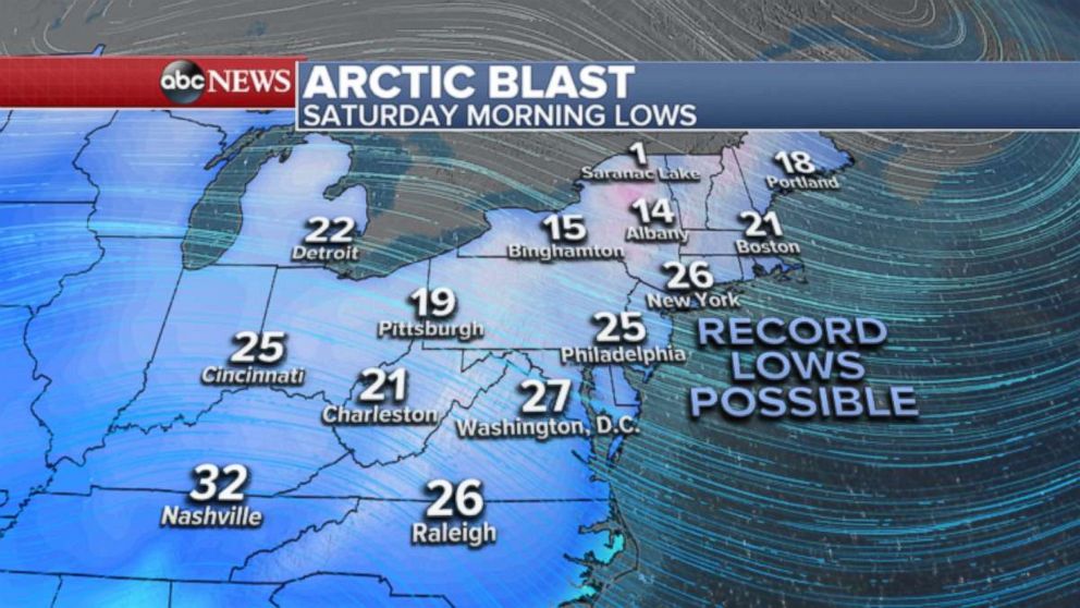 PHOTO: Weather map showing temperatures expected in the northeast. 