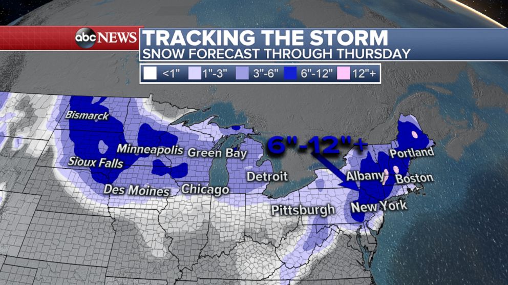 PHOTO: The forecast shows around 6 to 12 inches of snowfall for the areas under blizzard warnings in the Plains and through parts of the Northeast.