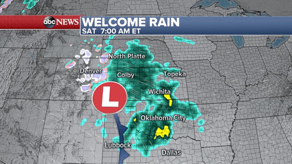 PHOTO: An ABC News weather map shows ran coming to Kansas and Oklahoma late Friday and early Saturday, April 21, 2018.