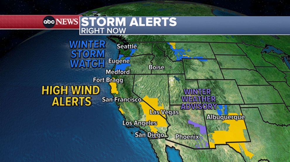 PHOTO: Weather map of storm and high wind alerts on the West Coast for Sunday, Feb. 12, 2023.