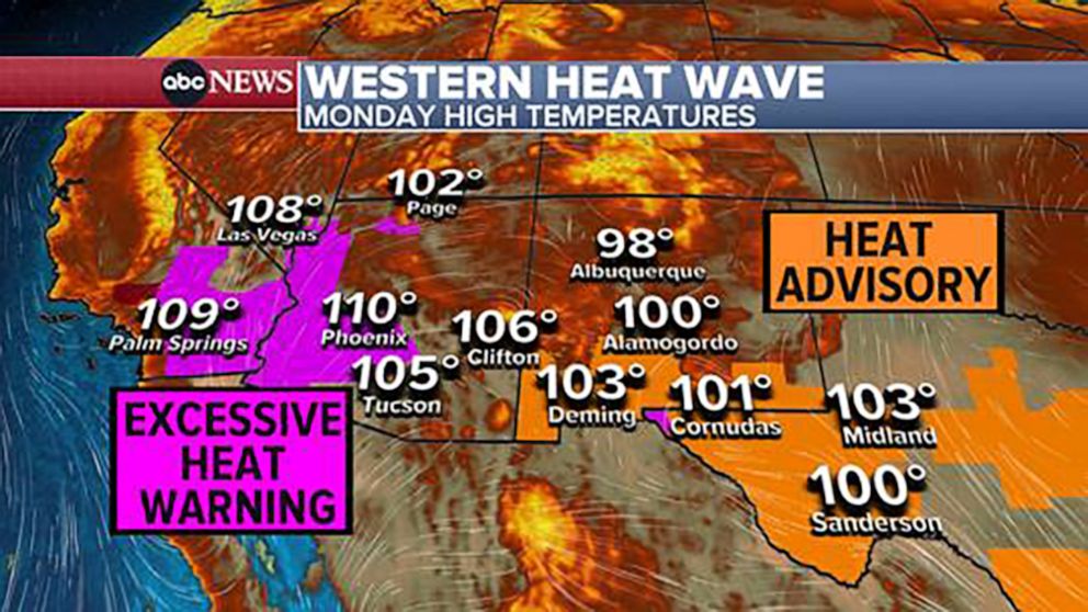 PHOTO: A weather map shows triple-digit temperatures from Palm Springs, Calif., to Midand, Texas, July 10, 2023.