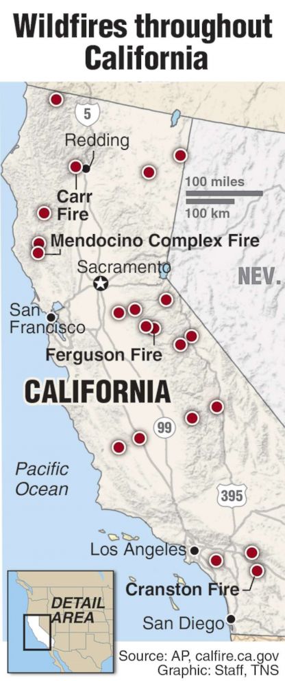 PHOTO: A map compiled with data from the AP and state government and released on Aug. 7, 2018, shows the wildfires currently burning in California. 