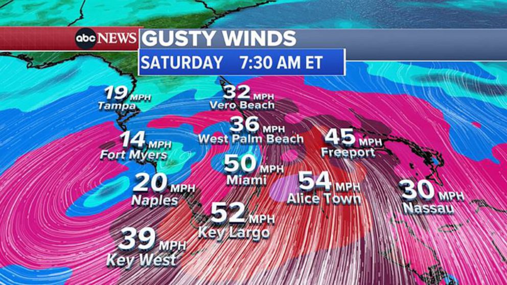 PHOTO: A weather map shows the wind forecast for Saturday in southern Florida, June 3, 2022.