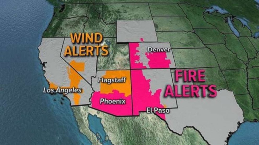 PHOTO: An ABC News weather map shows wind and fire alerts in the Western United States, April 19, 2018.