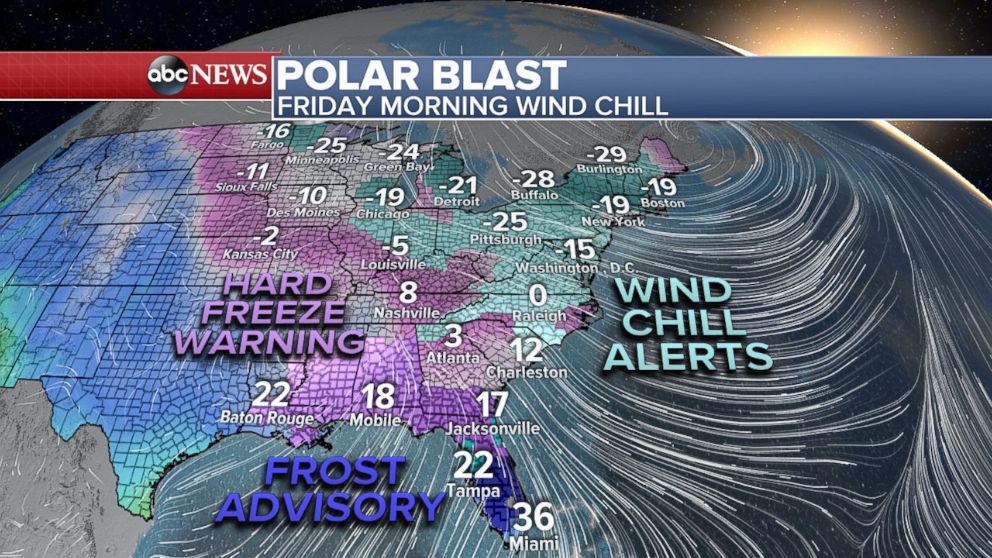 PHOTO: Map showing Friday wind chill forecast for the east coast as of Jan. 4, 2018. 