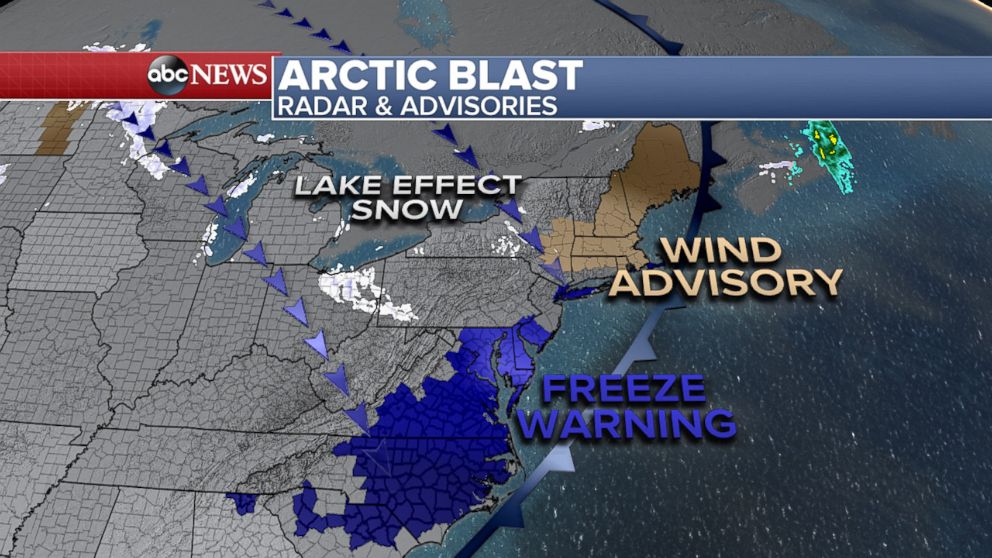 PHOTO: Map showing wind, snow and freeze warnings for the northeast U.S.