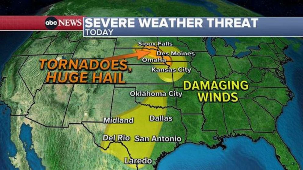 PHOTO: Severe weather, including large hail, some tornadoes and damaging winds, are forecast for mainland America on May 12, 2023.