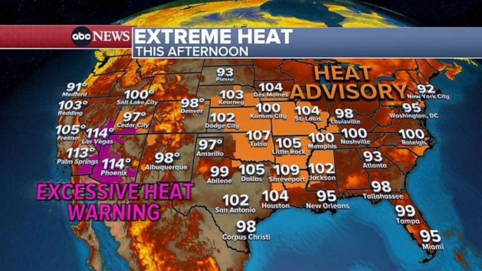 PHOTO: A map shows extreme heat in the forecast for this afternoon.