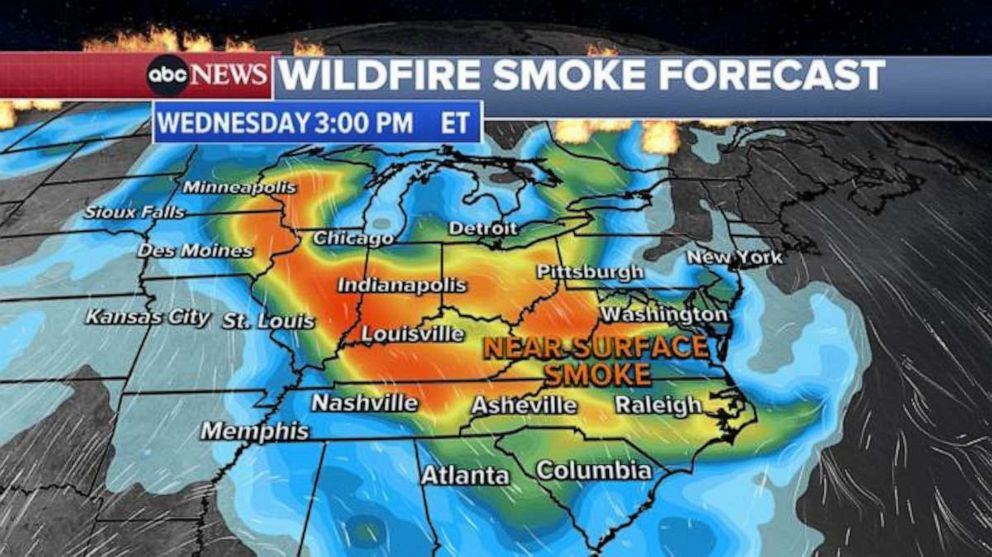 PHOTO: Smoke from Canadian wildfires is forecast to blanket parts of the United States, from Minnesota to Washington D.C. and down to the Carolinas, on June 28, 2023.