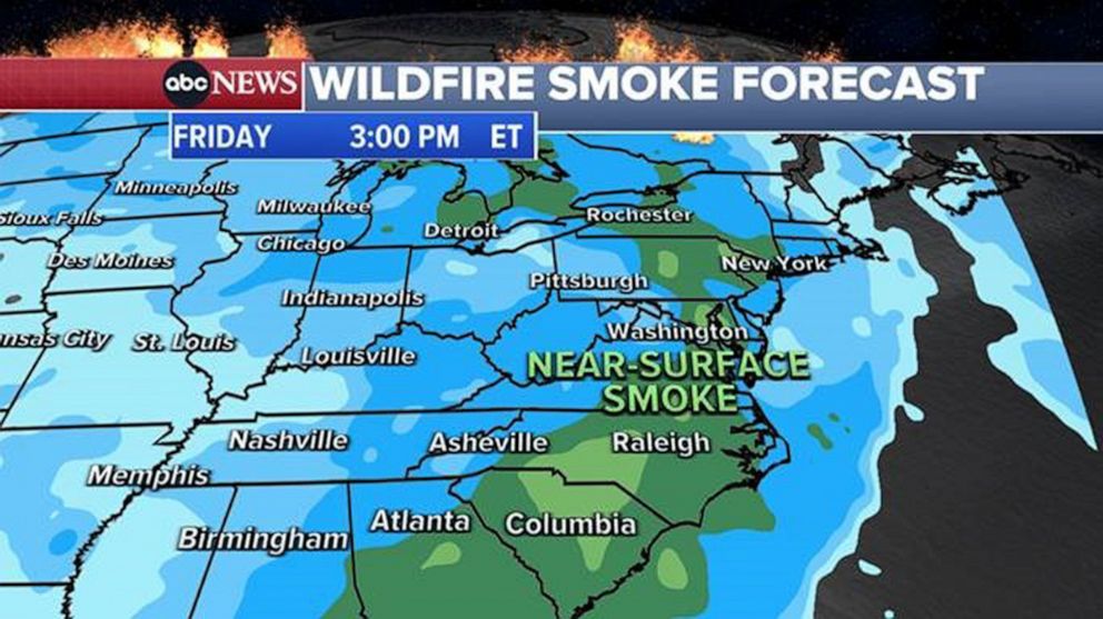 PHOTO: The thickest smoke from Canadian wildfires affecting skies over the United States is forecast to stretch from the eastern Great Lakes to the Interstate 95 travel corridor and down to parts of the Southeast on June 30, 2023.