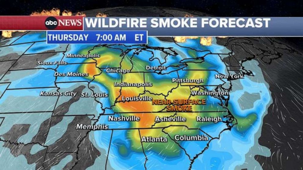 PHOTO: Smoke from Canadian wildfires will be seen in major U.S. cities like Minneapolis, Chicago, Indianapolis, Atlanta and Pittsburg on the morning of June 29, 2023.