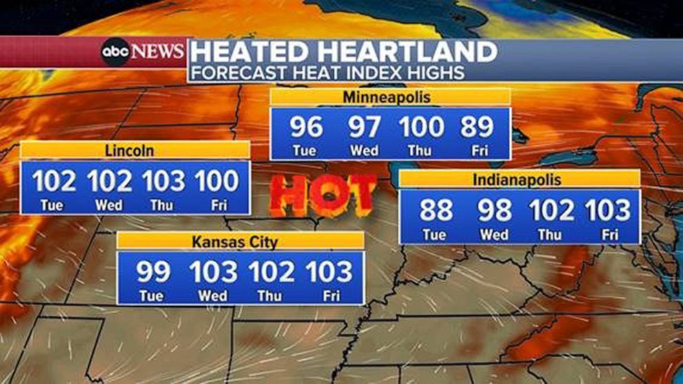 PHOTO: Heat index values are forecast to be near, at or above 100 degrees Fahrenheit in cities like Lincoln, Nebraska; Kansas City, Missouri; Minneapolis, Minnesota; and Indianapolis, Indiana, on July 25, 2023.