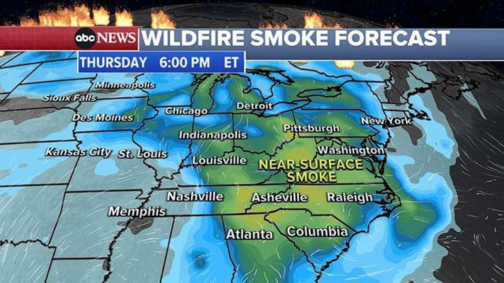 PHOTO: Smoke from Canadian wildfires will linger from Detroit to Atlanta and east to Washington, D.C. and Philadelphia by the afternoon of June 29, 2023.
