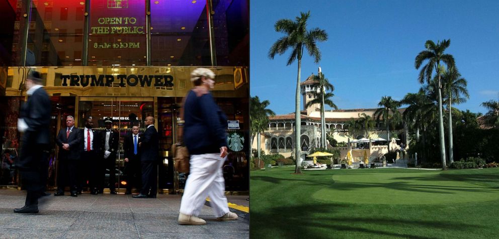 PHOTO: This combination of pictures shows a file photo taken on April 26, 2016 of Trump Tower in New York and a file photo taken on Jan. 1, 2017, of the Mar-a-Lago Club in Palm Beach, Fla.