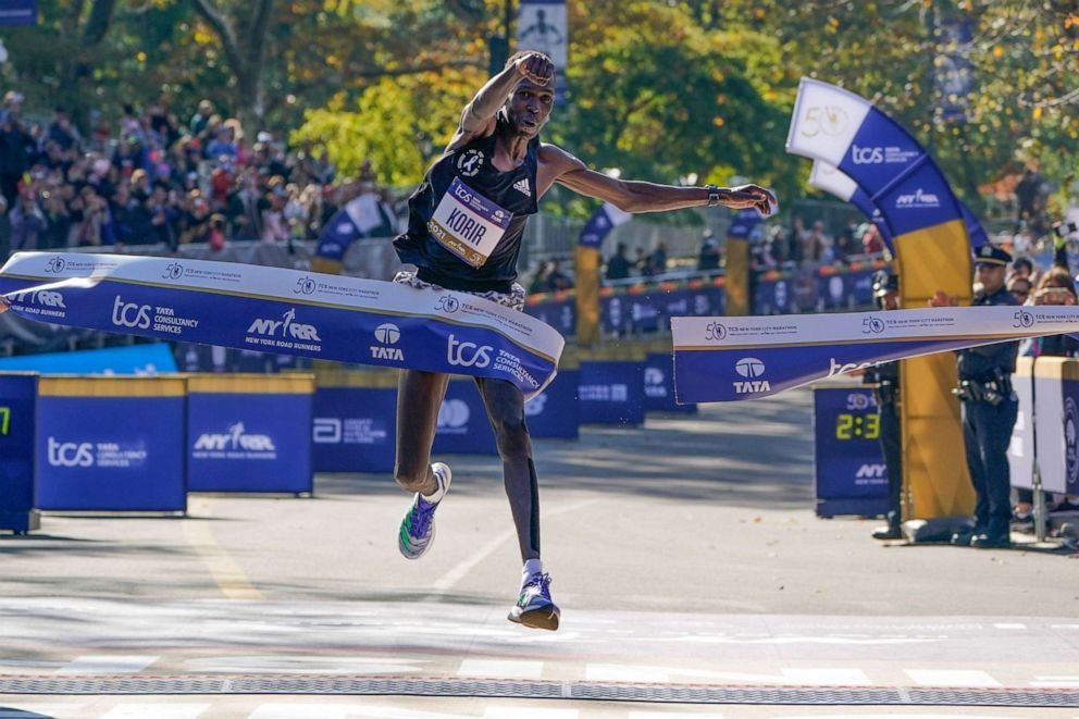 Albert Korir of Kenya crosses the finish line first in the men's division of the New York City Marathon in New York, Sunday, Nov. 7, 2021. Korir is looking to defend his New York City Marathon title when he races on Sunday, Nov. 6, 2022. 