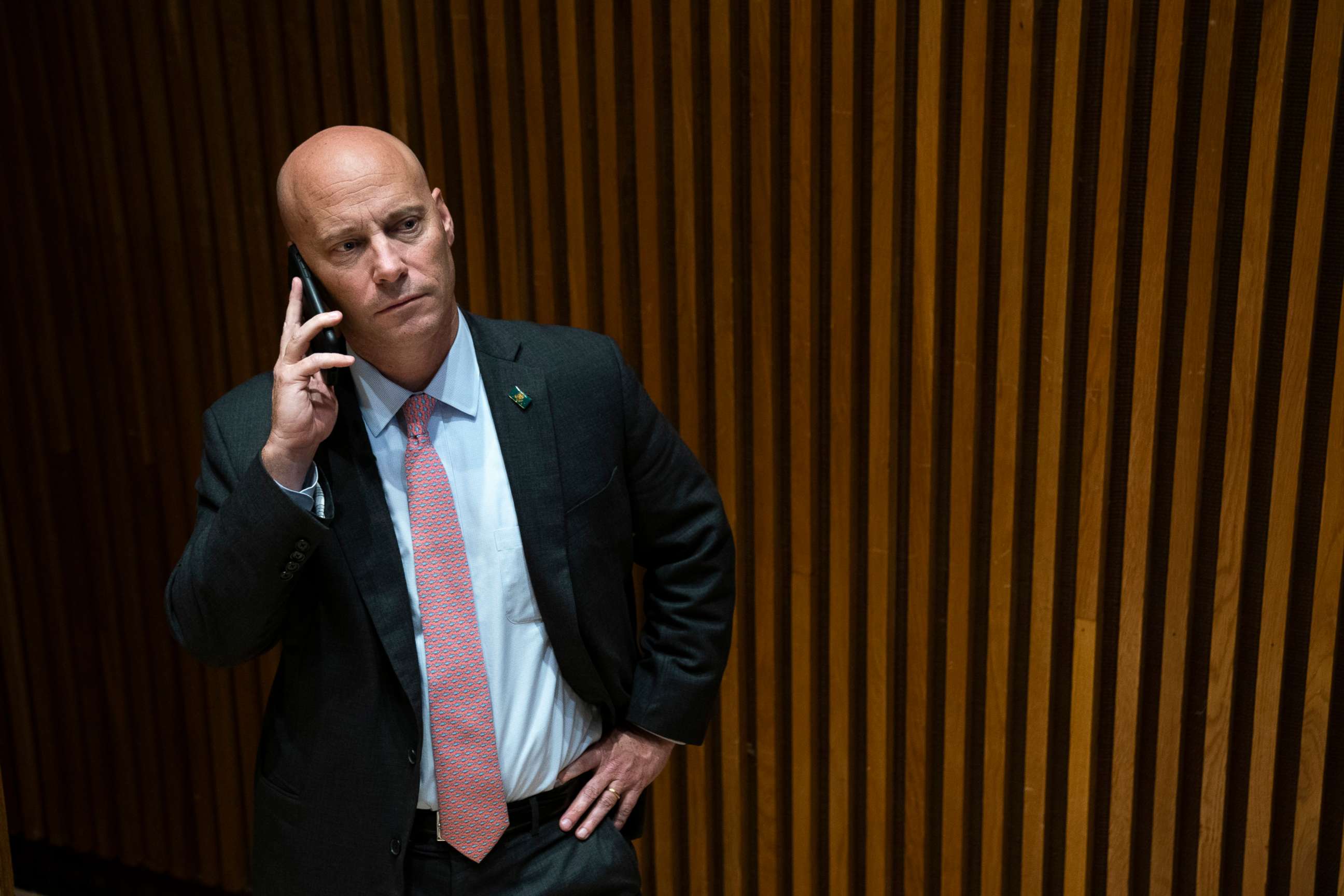 PHOTO: In this Sept. 19, 2019, file photo, Marc Short, Chief of Staff to Vice President Mike Pence, takes a phone call in New York.