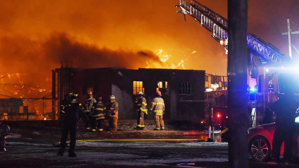 PHOTO: Firefighters battle a four alarm fire at the Marcal paper factory in Elmwood Park, N.J., Jan. 30, 2019.