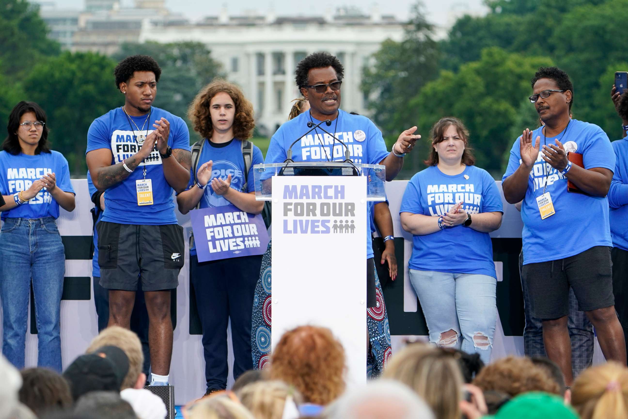 PHOTO: With the White House in the background, Garnell Whitfield, Jr., whose mother, Ruth Whitfield, was killed in the Buffalo Tops supermarket mass shooting, speaks during the second March for Our Lives rally in support of gun control, June 11, 2022.
