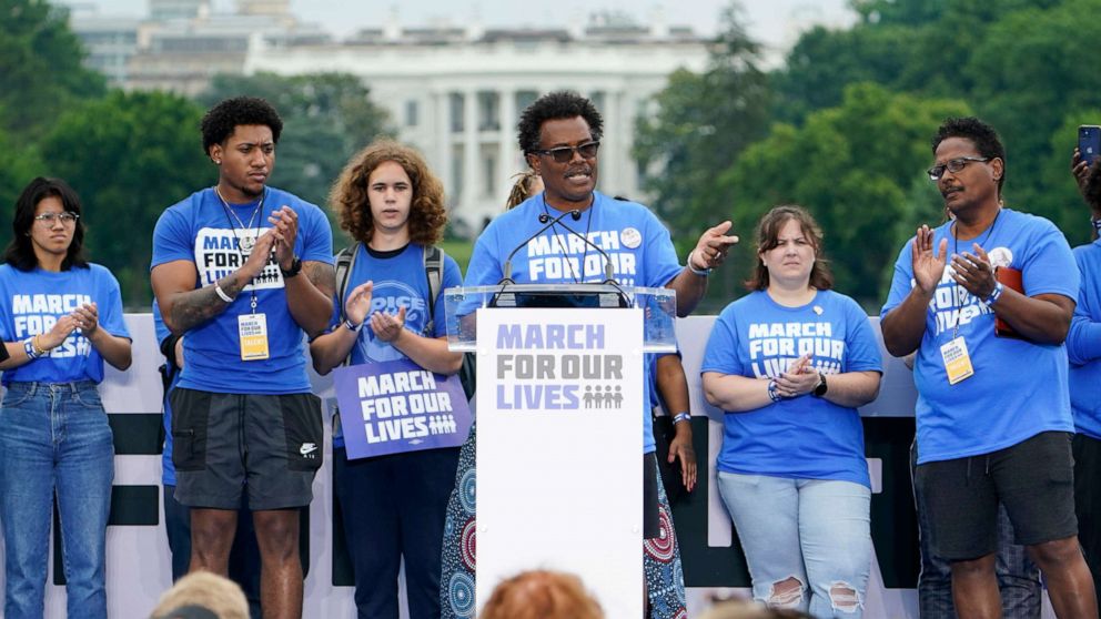 PHOTO: With the White House in the background, Garnell Whitfield, Jr., whose mother, Ruth Whitfield, was killed in the Buffalo Tops supermarket mass shooting, speaks during the second March for Our Lives rally in support of gun control, June 11, 2022.