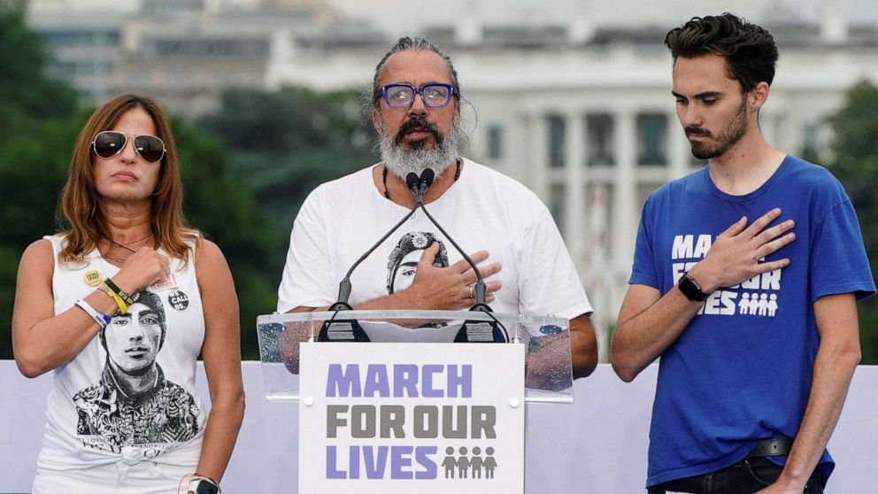 PHOTO: Manuel Oliver, father of Joaquin Oliver, one of the victims of the Parkland shooting, speaks during the 'March for Our Lives'in Washington, D.C., June 11, 2022.  