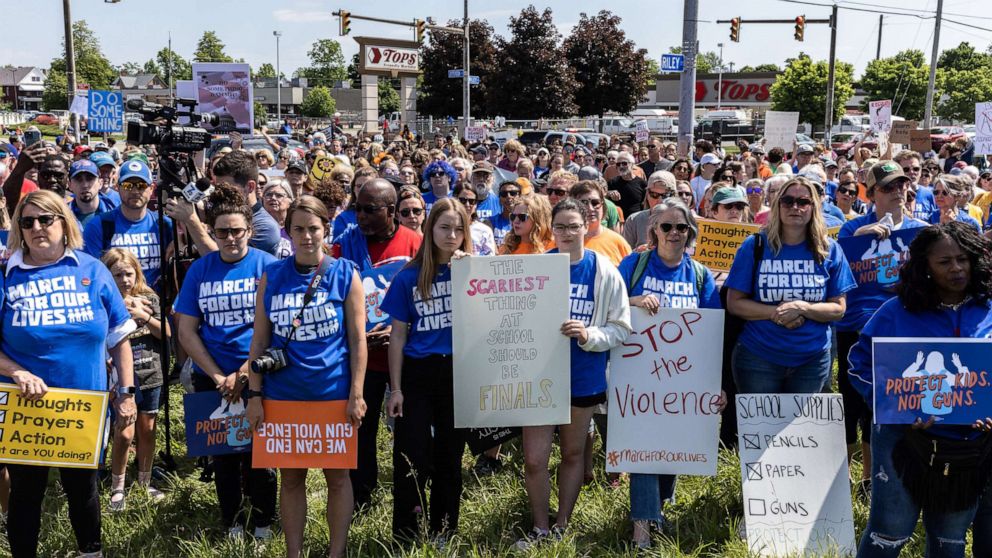 PHOTO: A group estimated in the hundreds takes part in a March For Our Lives event, June 11, 2022, in Buffalo, N.Y. 