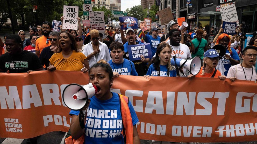 PHOTO: Demonstrators join the "March for Our Lives" rally in New York, June 11, 2022.