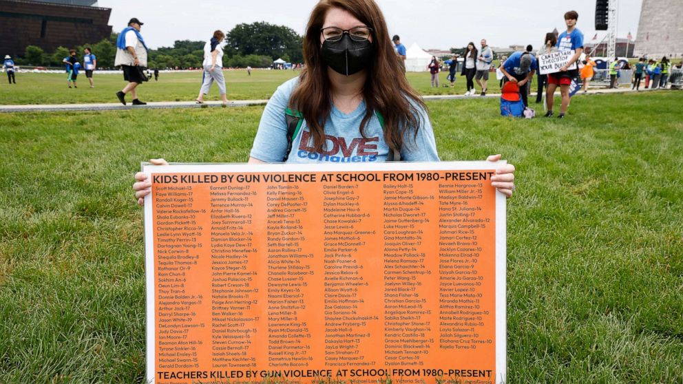 PHOTO: A demonstrator holds a sign with the names of children and teachers killed by shootings during March for Our Lives 2022, June 11, 2022, in Washington, D.C. 