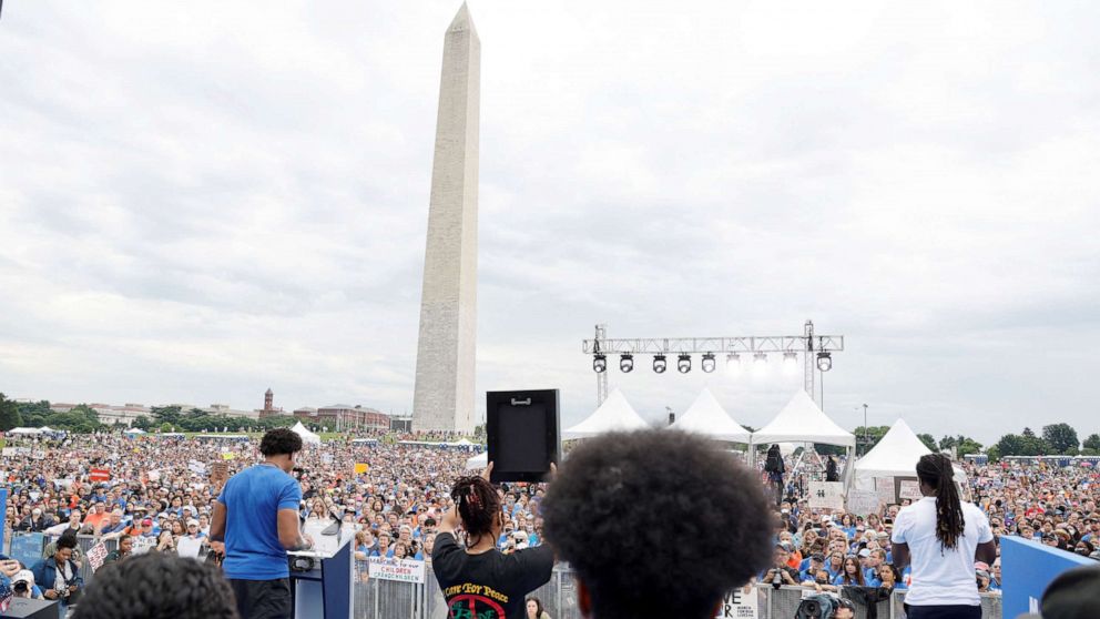 PHOTO: Trevon Bosley, a board member for March For Our Lives, speaks during the March, one of a series of nationwide protests against gun violence, on the National Mall in Washington, D.C., June 11, 2022. 