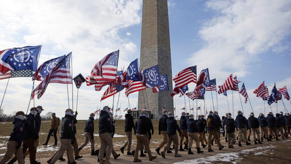 PHOTO: Members of the white nationalist group Patriot Front gather near the Washington Monument for the annual March for Life in Washington, Jan. 24, 2025.
