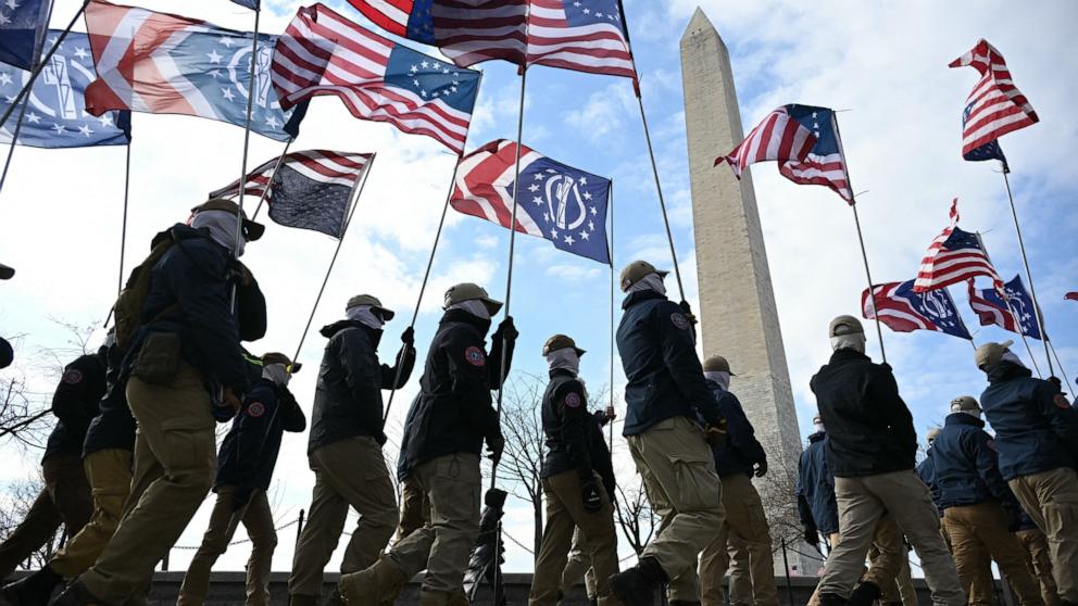 PHOTO: Members of the white nationalist group Patriot Front gather near the Washington Monument for the annual March for Life in Washington, Jan. 24, 2025.