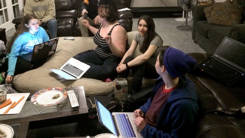 PHOTO: Maryland high school students Michaela Hoenig, Mai Canning and Gabrielle Zwi, left to right, hold a planning session for the March for Our Lives.