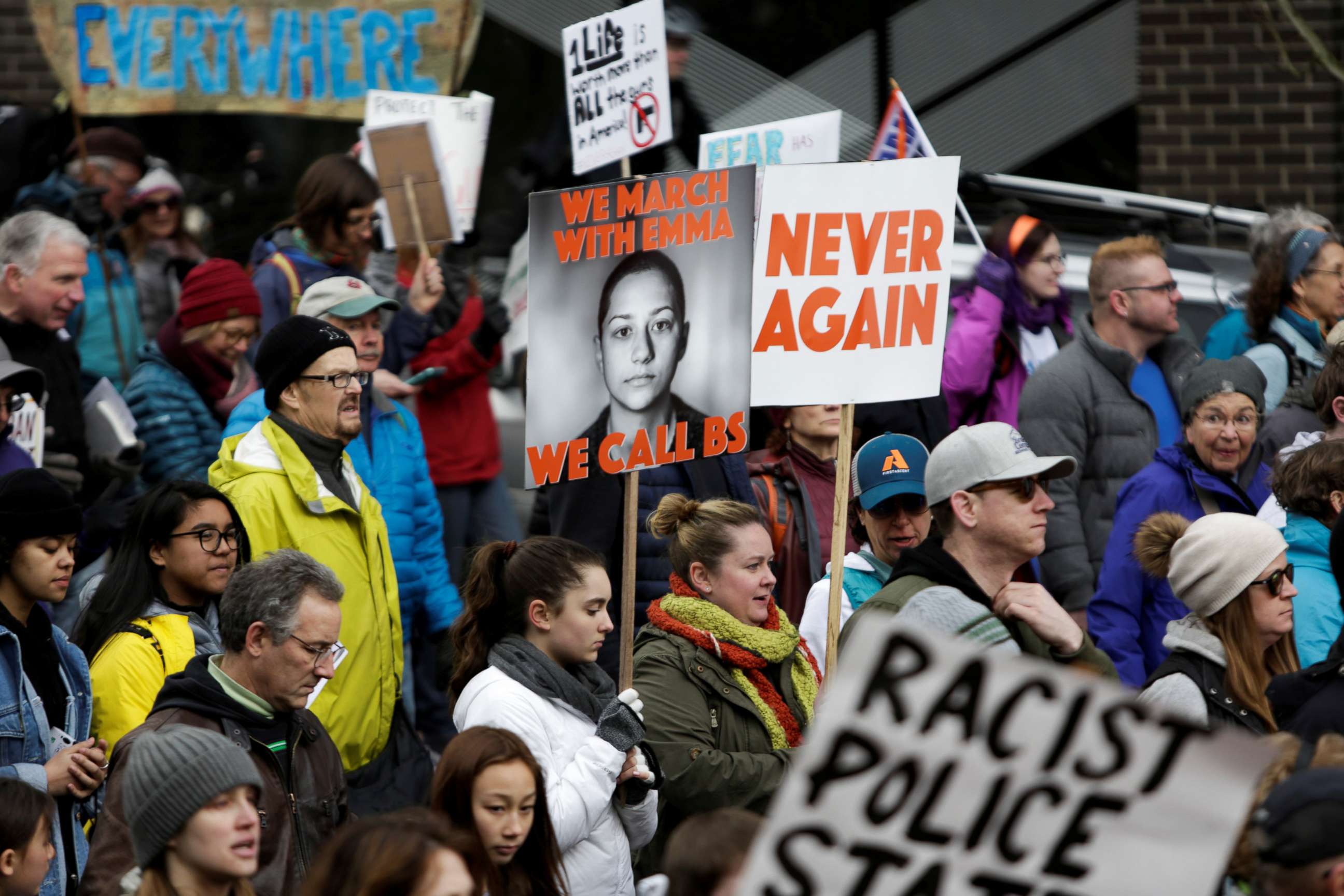 PHOTO: Parkland, Florida school shooting survivor Emma Gonzalez is pictured on a sign during a March for Our Lives demonstration demanding gun control in Seattle, Washington, March 24, 2018.