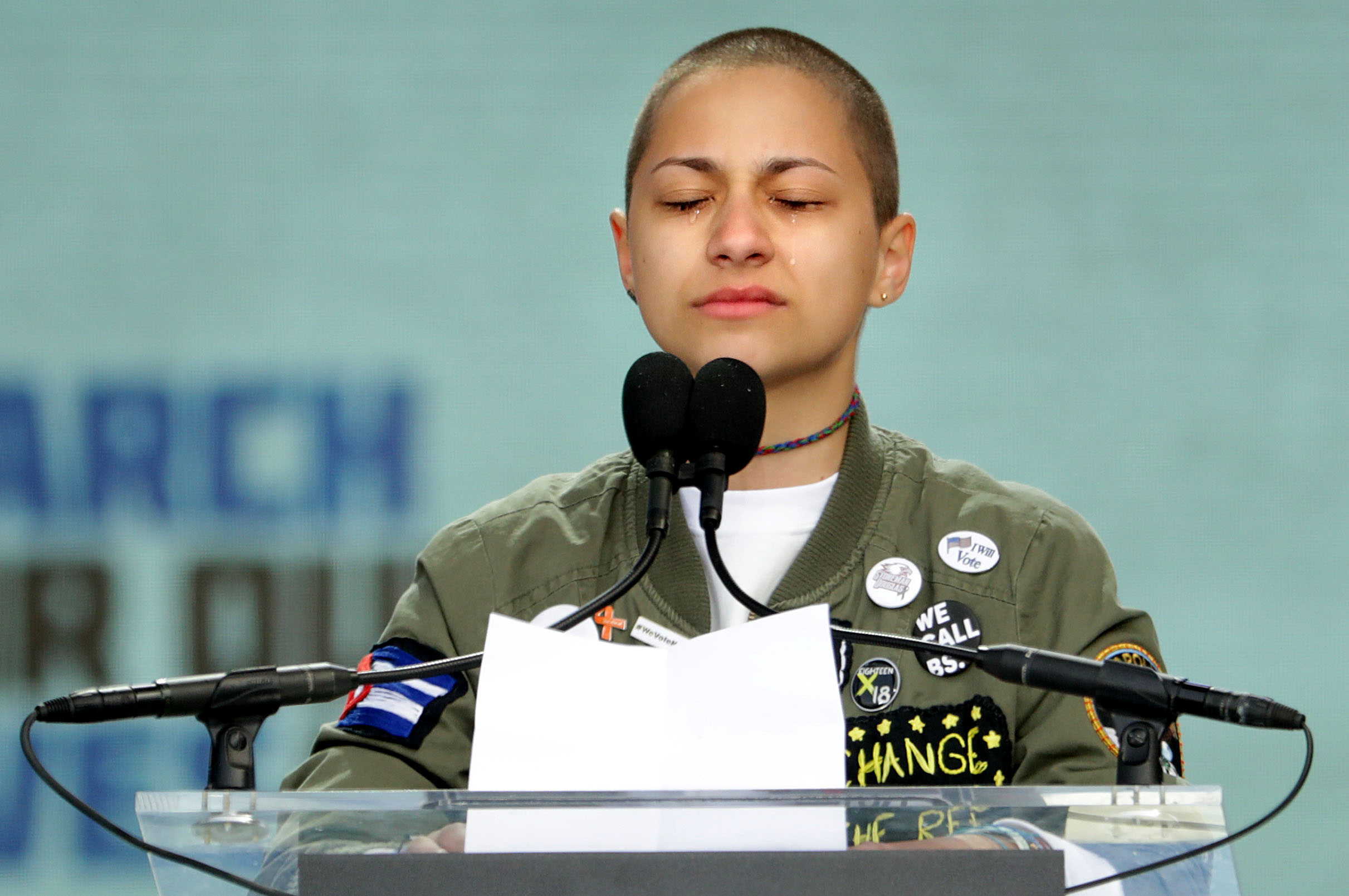 PHOTO: Tears roll down the face of Marjory Stoneman Douglas High School student Emma Gonzalez as she observes 6 minutes and 20 seconds of silence while addressing the March for Our Lives rally, March 24, 2018 in Washington, D.C.