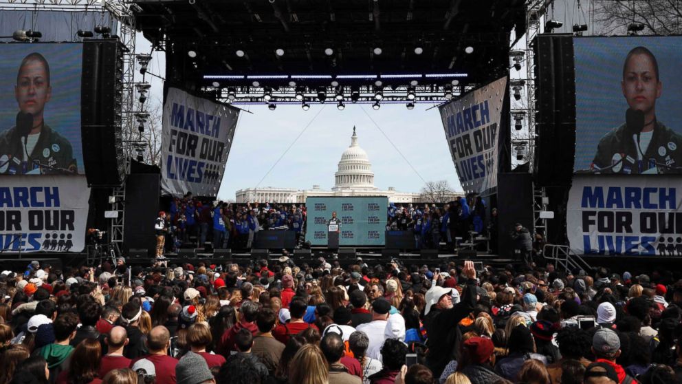 PHOTO: Emma Gonzalez addresses the conclusion of the March for Our Lives event demanding gun control after recent school shootings at a rally in Washington, March 24, 2018.