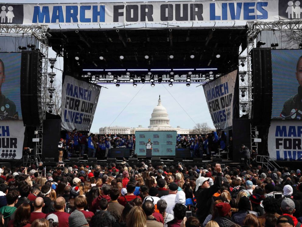 PHOTO: Emma Gonzalez addresses the conclusion of the March for Our Lives event demanding gun control after recent school shootings at a rally in Washington, March 24, 2018.