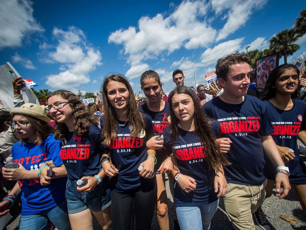 PHOTO: Marjory Stoneman Douglas High School students march from Pine Trails Park to Marjory Stoneman Douglas during the March for Our Lives protest in Parkland, Fla., March 24, 2018.