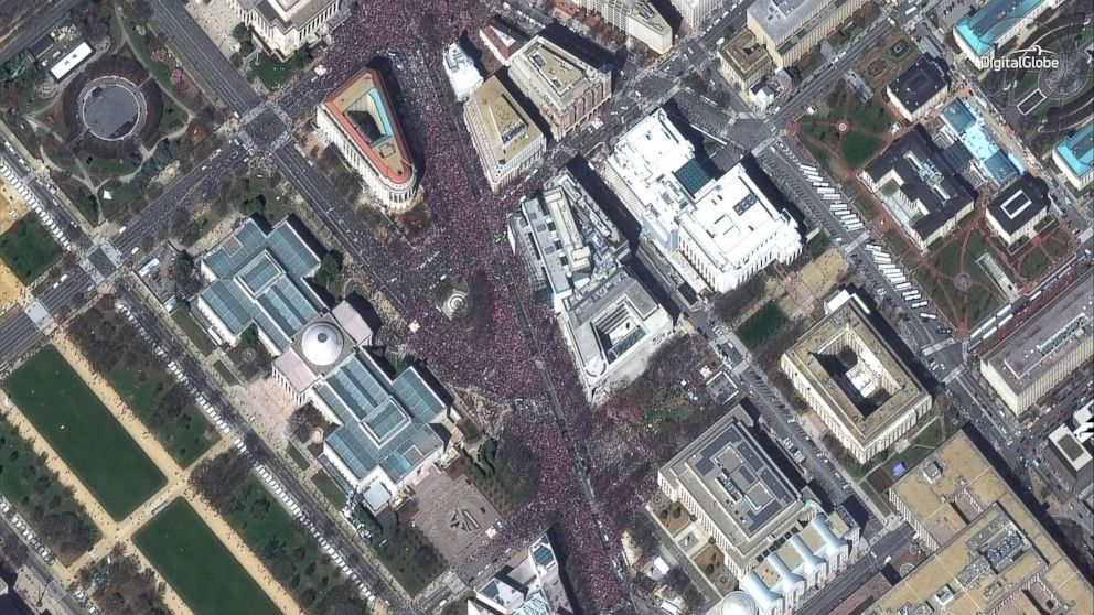 PHOTO: DigitalGlobe’s WorldView-2 satellite captured the March for Our Lives rally in Washington, D.C. at 11:59 a.m, March 24, 2018.