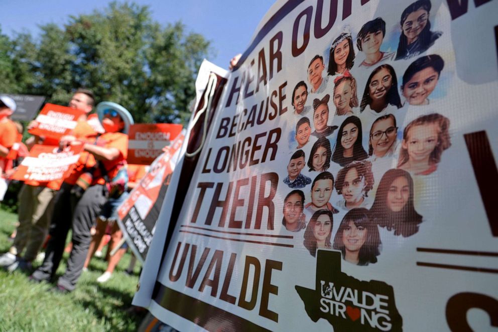 PHOTO: The students and teachers killed in the Uvalde, Texas, mass shooting are memorialized on a banner at the March Fourth rally against assault weapons on Capitol Hill in Washington, July 13, 2022.
