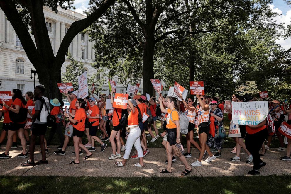 PHOTO: Uvalde and Highland Park mass shootings survivors, families and supporters rally on Capitol Hill in Washington, DC, calling for stricter gun controls, July 13, 2022.