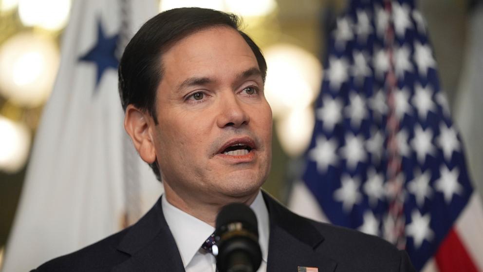 PHOTO: Secretary of State Marco Rubio speaks after being sworn in by Vice President JD Vance in the Vice Presidential Ceremonial Office in the Eisenhower Executive Office Building on the White House campus, Jan. 21, 2025, in Washington.