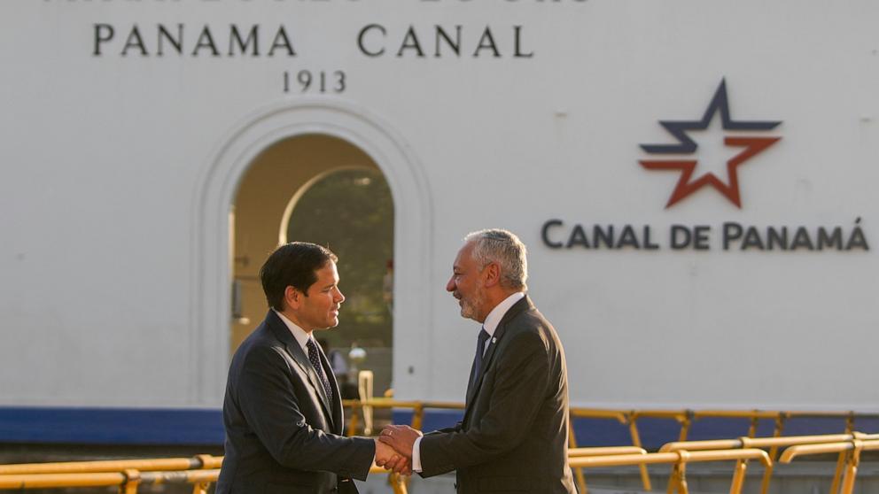 PHOTO: Secretary of State Marco Rubio and Panama Canal Authority Administrator Ricuarte Vasquez shake hands after touring the Miraflores Locks at the canal in Panama City, Feb. 2, 2025.